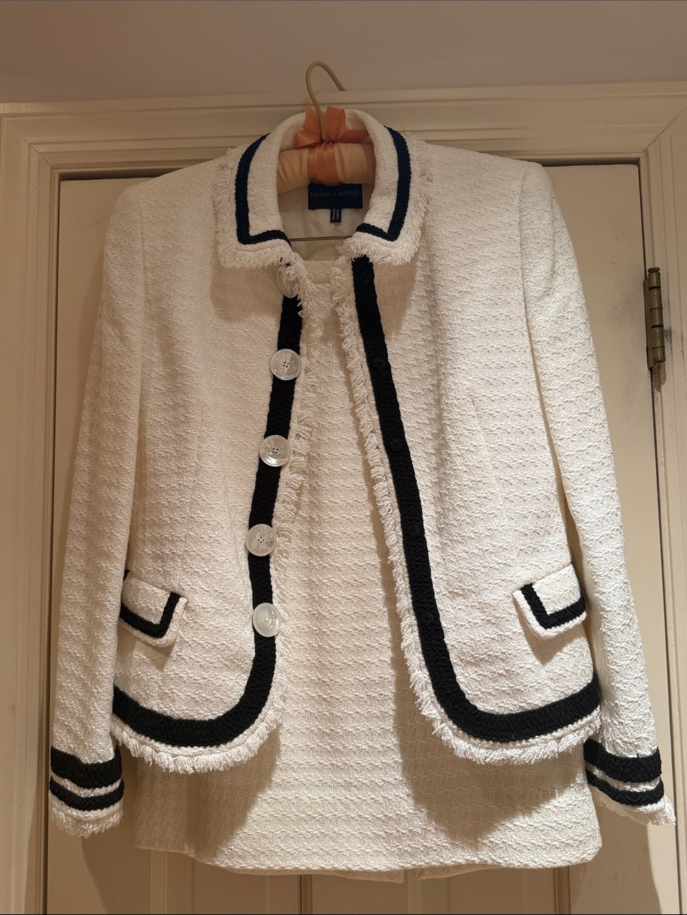 Rena Lange Cream Bouclé Jacket with Black Trim